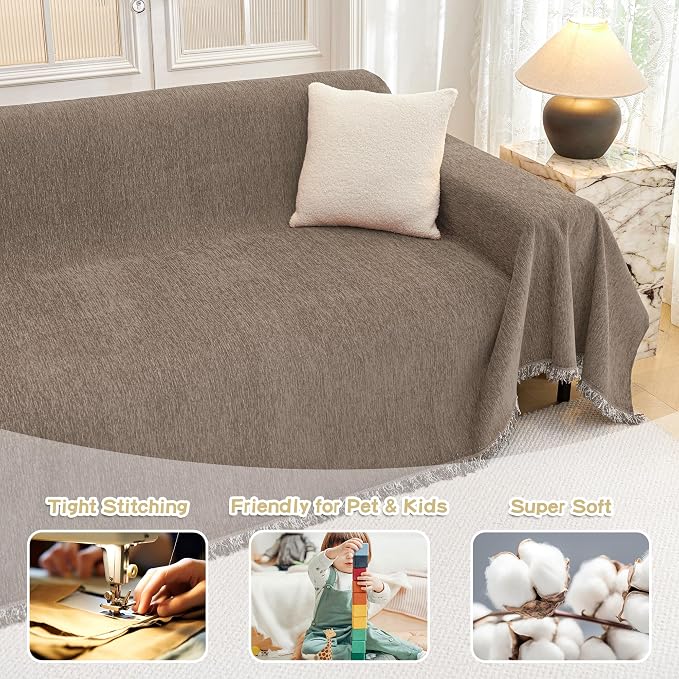 MYSKY HOME Couch Cover for Sofa Couch Covers for Pets, Non Slip Dogs Furniture Protector with Tassels for Living Room Non Slip Washable Furniture Protector Cover for Pet, Cat, 91"x118", Sand - Image 3