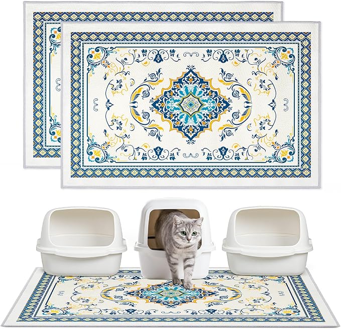 2 Pack Washable Cat Litter Mat 48"x36" Waterproof Trapping Pad | Kitty Litter Box Mat Featuring A Non-Slip Base And Decorative Design To Trap Scatter For Home Floor Protection by Hedgeink