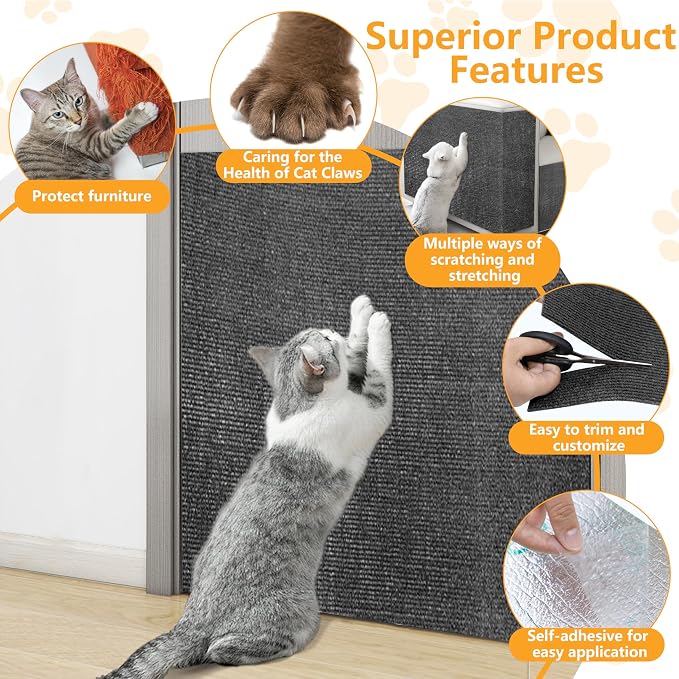 Cat Scratch Pad for Wall, Scratch Furniture Protector(78.7”×15.8”) | Cuttable and Adhesive Cat Scratching Mat, Fun Interactive Scratcher (Dark Gray) - Image 3
