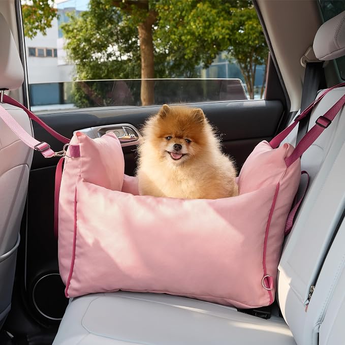 Lesure Dog Car Seat for Small Dogs,Booster Car Bed for Puppy Under 25lbs | Soft Pet Carseat with Clip-On Safety Leash and Thickened Memory Foam Filling,Dog Travel Carrier Bed with Storage Pocket,Pink - Image 8