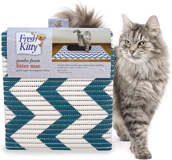 Fresh Kitty Durable XL Jumbo Foam Litter Mat – Phthalate and BPA Free, Water Resistant, Traps Litter from Box, Scatter Control, Easy Clean Mats – Chevron, Blue/White Chevron (9035) by RoyalPetIncorporated