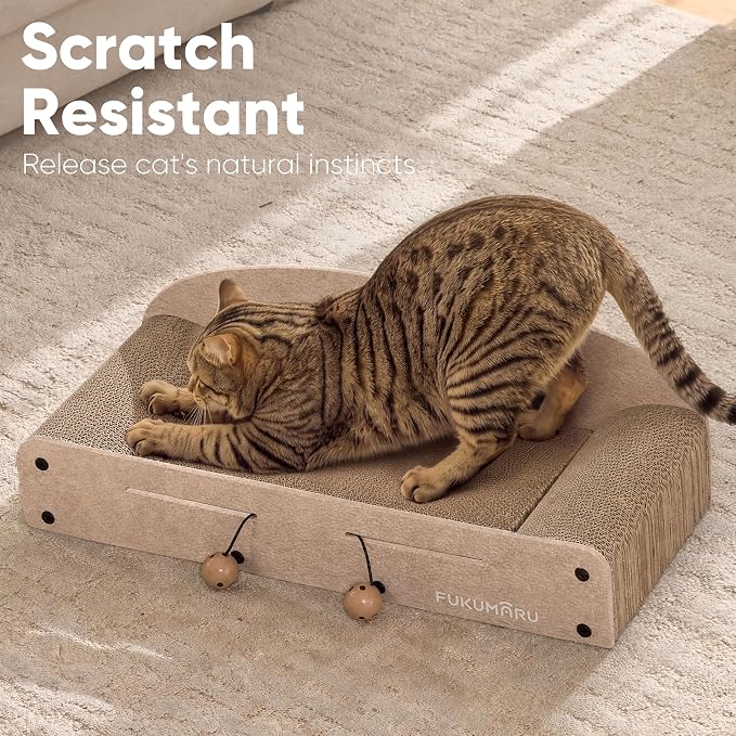FUKUMARU Large Cat Scratcher Bed, 26 Inch Cat Scratching Bed Sofa Indoor | Cardboard Cat Scratcher with 2 Reversible Scratch Pad Refills, Durable Large Cat Scratching Lounger with Ball Toy, Beige - Image 2