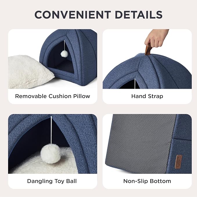 Bedsure 2in1 Cat Beds for Indoor Cats Cave for Kitten with Washable Pillow | 16in, Cat House for Small Pet, Covered Cat Tent, Foldable Hideaway, Fluffy Ball, Anti Slip Bottom, Removable Cushioned ,Navy - Image 4
