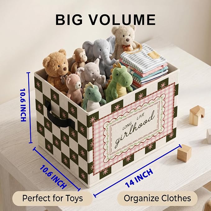 Girls Nursery Storage Bins Box, Sweet Positive Collapsible Organizer Basket | affirmative cheerful storage box basket for books clothes, pink gingham organizer for nursery bedroom playroom, 10x14 in - Image 3