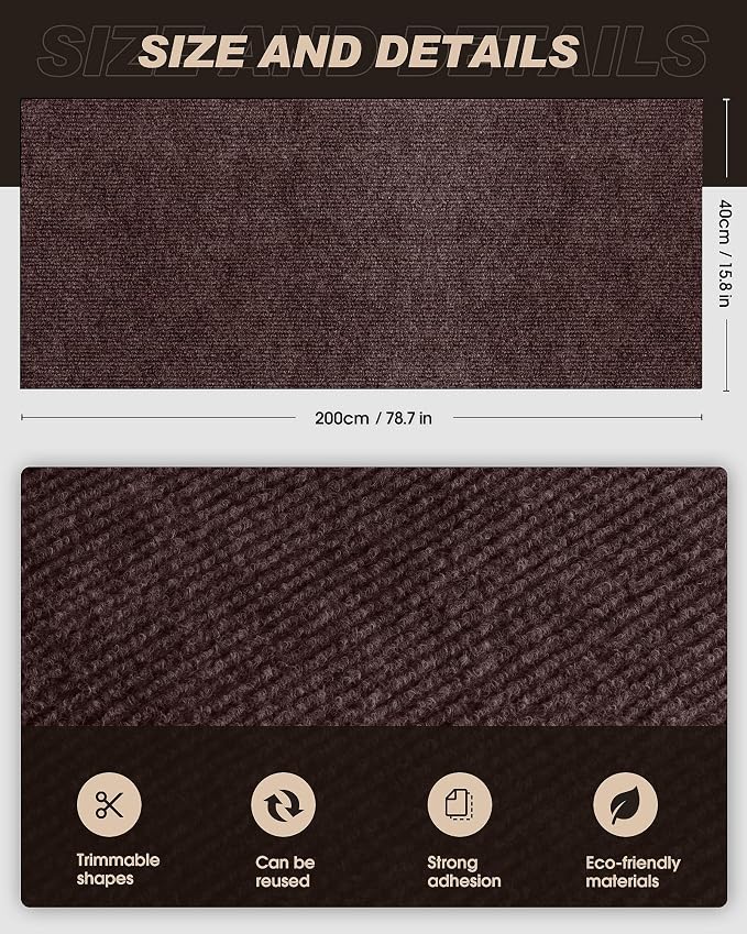 VIVOYAN 78.7"x15.8" Cat Scratch Mat,Trimmable Self-Adhesive Carpet,DIY Climb Cat Scratcher for Cat Couch Furniture or Wall Protector,Covering Cat Tower,and Replacement Pads (Brown) - Image 2