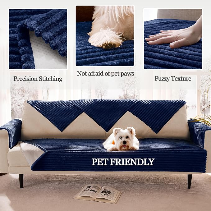 Dual Non-Slip Couch Cover for Dogs Waterproof, Fuzzy Soft Pet Couch Covers for Sofa 3 Cushion, Pet Friendly Soft Dog Bed Covers Sofa Cover Washable (Navy Blue, 33" x 75" 1 Pack) - Image 4