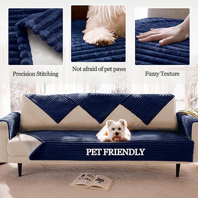 100% Waterproof Couch Arm Covers 2pcs, Fuzzy Chair Arm Covers Thick Soft Recliner Chair Armrest Protectors, Non-Slip Couch Armrest Cover Pet mats for Sofa (Navy Blue, 22" x 22" 2 Pack) - Image 4