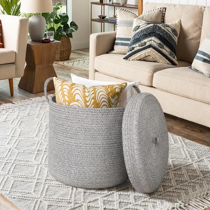 15”x13” Storage Basket with Lid, Blanket Storage for Living Room, Woven Cotton Rope Bin with Cover, Kids Dog Toy Box, Baby Laundry Basket with Lid, Covered Blankets Pillows Holder, Gray - Image 4