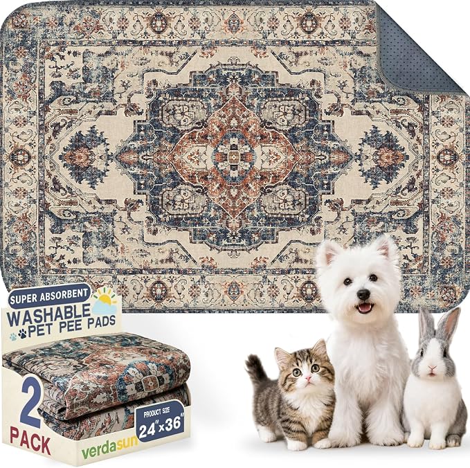 Washable Pee Pads for Dogs, Reusable Puppy Potty Training Pads, Ultra-Absorbent Thick Waterproof Leak-Proof Non-Slip Pads & Mat for Crate, Playpen, Floor, Whelping & Housebreaking , 2 Pack 24"x36" by Verdasun