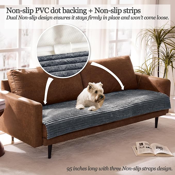 Dual Non-Slip Couch Cover for Dogs Waterproof, Fuzzy Soft Pet Couch Covers for Sofa 3 Cushion, Pet Friendly Soft Dog Bed Covers Sofa Cover Washable (Titanium Gray, 33" x 95" 1 Pack) - Image 2