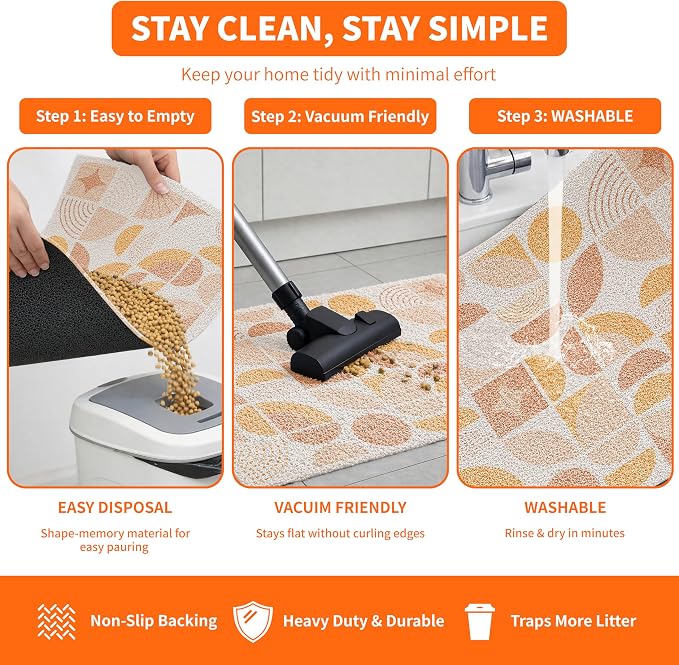 Cat Litter Mat 33" x 22" for Litter Box, Non-Slip Washable Floor Mat with Litter Trapping Design, Scatter Control for Cats and Kittens, Orange - Image 5