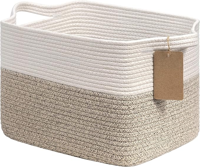 Goodpick Woven Rope Storage Basket for Shelves, Rectangle, Light Brown | 13" × 10" × 9" Stylish Gift Basket for Home Organization, Fits Dog Toys, Books & Nursery Essentials Storage, Writable Label by Goodpick