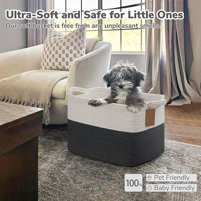 Goodpick 50L Large Woven Rope Storage Basket, Rectangle, Dark Gray | 18" × 14" × 12" Decorative Gift Basket for Living Room & Nursery Organization, Fits Blanket & Toy Storage, Writable Label - Image 5