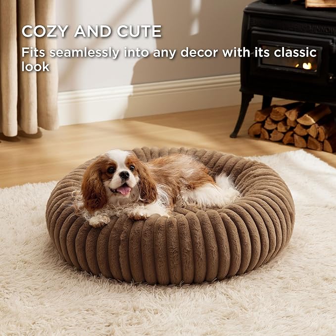 Bedsure ComfyFleece™ Donut Medium Dog Bed - Washable Faux Fur with Corduroy Fleece & Anti Slip Bottom, Round Pet Bed with Removable Cover, Camel Brown, 30x30x8 inches | 30x30x8in, Calming Round Pet Bed, Support Plush , with Removable Corduroy Fleece fo... - Image 4