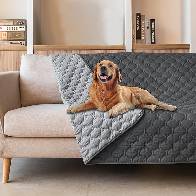 gogobunny Waterproof Dog Blankets for Large Dogs, Pet Bed Cover Breathable | Washable Pee Pads, Quilted Throw Blanket, Furniture Protector for Couch Sofa Bed Car, 82x82 Inch Dark/Light Grey by gogobunny
