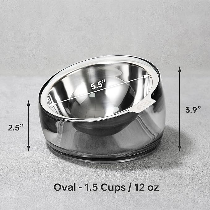 Felli Pet Oblik Acrylic Raised Dog Food Water Bowl Stainless Steel Slanted Oval Dish for Short Leg Puppy & Small Medium Pet, Elevated Tilted Metal Feeder (Smoky, 1.5 Cups Oval Dish) - Image 5