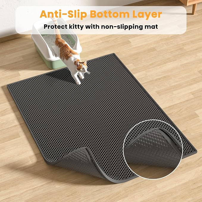 Pieviev Double Layer Cat Litter Mat Traps Scattered Litter 30''x24'' 2 Pack | Waterproof Urine Resistant Layer Litter Box Mat, Easy Collection, Soft on Kitty Paws, Black Color for Indoor Cats - Image 4