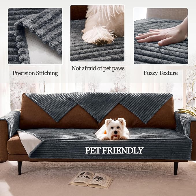 Dual Non-Slip Couch Cover for Dogs Waterproof, Fuzzy Soft Pet Couch Covers for Sofa 3 Cushion, Pet Friendly Soft Dog Bed Covers Sofa Cover Washable (Titanium Gray, 33" x 95" 1 Pack) - Image 4