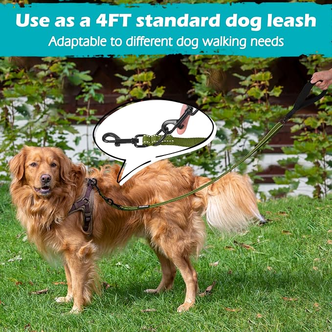 PetBonus Two Point Control Dog Leash, No Tangle Training Walking Leashes | Soft Padded Handle, Reflective, Works with No Pull Harnesses, Converts to Single Lead for Medium Large Dogs, Khaki Green - Image 6