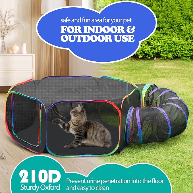 Outdoor Cat Enclosure, 2-in-1 Pop-up Portable Catio Playground | Foldable Cat Playpen with Tent & Tunnel, Breathable Mesh, Waterproof Bottom, Carry Bag, Outside and Indoor Use for Small Pets - Image 6