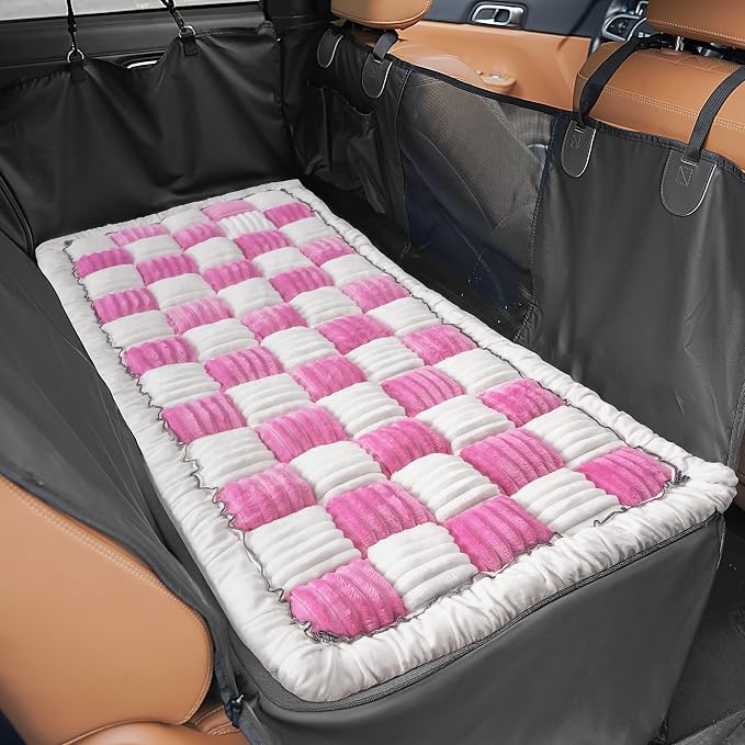 HiPetpy Backseat Dog Bed Mat, Non-Slip Dog Bed for Car Back Seat, Soft & Cozy Dogs Blanket, Washable Travel Pet Mat Seat Protector for Cars, SUVs, Trucks (Pink/White, 51.1" L x 23.6" W x 1.5" Th) by HiPetpy