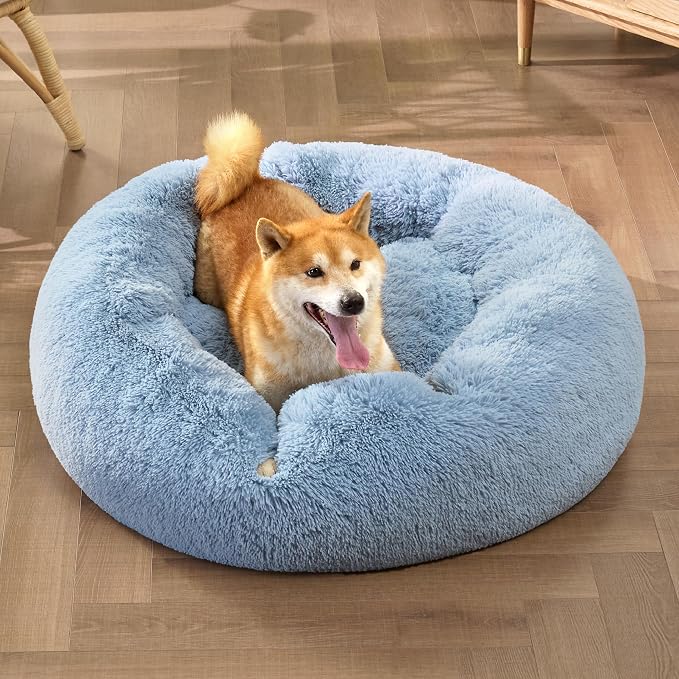 Bedsure Calming Dog Bed Medium Size Dog Donut Washable Pet Bed,30ins | Fluffy Faux Fur Round Cuddler,Machine Washable,Anti-Slip Bottom,Anti-Anxiety,Deep Sleeping for Pets Up to 45 Lbs,Light Blue - Image 4