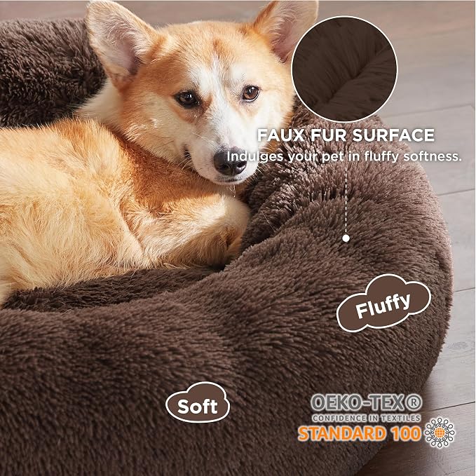 Bedsure Calming Dog Bed Medium Large Size Dogs Washable Pet Bed,33ins | Fluffy Faux Fur Round Donut Cuddler,Machine Washable,Anti-Slip Bottom,Anti-Anxiety,Deep Sleeping for Pets Up to 65 Lbs,Coffee - Image 2
