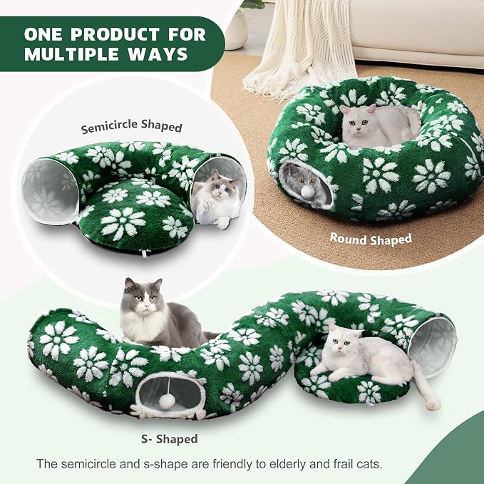 Cute Round Cat Tunnel for Indoor Cats, Green Flower | Peekaboo Cat Cave with Dangling Balls, Pet Donut Tunnel Bed with Circle Mat for Puppy Kitten Rabbit - Image 2