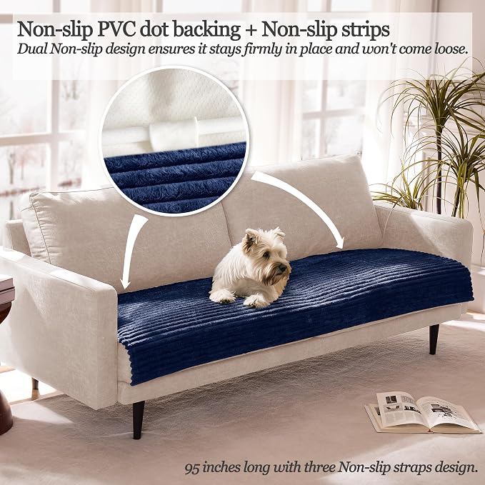 Dual Non-Slip Couch Cover for Dogs Waterproof, Fuzzy Soft Pet Couch Covers for Sofa 3 Cushion, Pet Friendly Soft Dog Bed Covers Sofa Cover Washable (Navy Blue, 33" x 75" 1 Pack) - Image 2