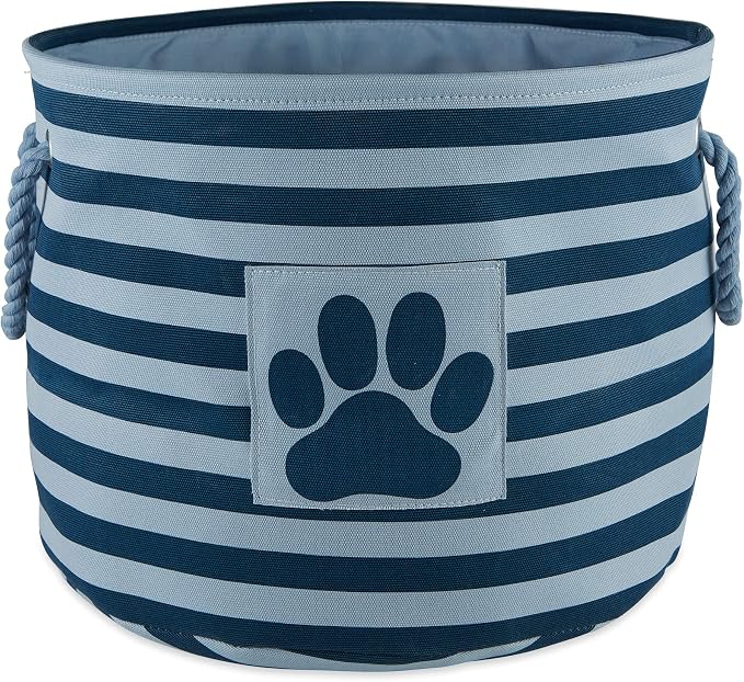 Bone Dry Pet Storage Collection Striped Paw Patch Bin, Dark Navy, Small Round by BoneDry
