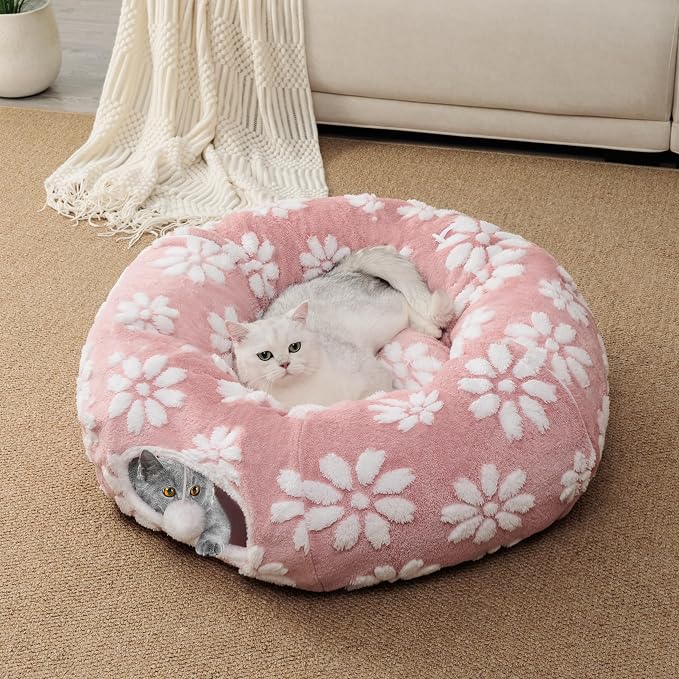Cute Round Cat Tunnel for Indoor Cats, Pink | Peekaboo Cat Cave with Dangling Balls, Pet Donut Tunnel Bed with Circle Mat for Puppy Kitten Rabbit - Image 5