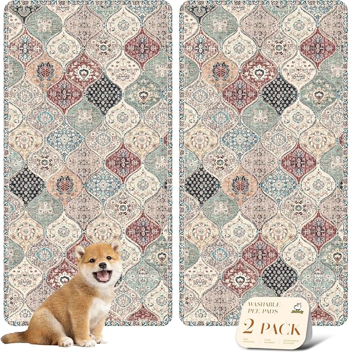 nunubaby Washable Pee Pads for Dogs, Stylish, Non-Slip and Leak-Proof Pee Pads. Reusable Potty Pads for Dogs for Crates and Floors.(Dark Red/Multi,24" x48" ) by Nunubaby