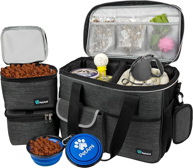 PetAmi Dog Travel Bag Organizer, Pet Supplies Diaper Tote, Dark Gray Medium | Pet Travel Kit with 2 Food Containers & 2 Collapsible Dog Bowls, Luggage Sleeve, Weekend Getaway Road Trip Camping Essentials by PetAmi
