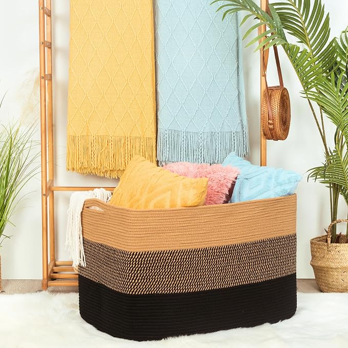 MINTWOOD Design 112L Extra Large Blanket Basket Holder Living Room, 25"x17"x16" Rectangle Rope Woven Storage Basket with Handles for Laundry, Pool Towels, Shoes, Dog Toy Organizer Bin Box, Black Jute - Image 4
