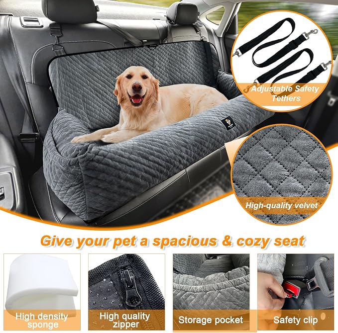 Large Dog Car Seat Under 100LBS,Dog Car Bed with Safety Tethers/Storage Pocket,Only for Back Seat-Gray - Image 3