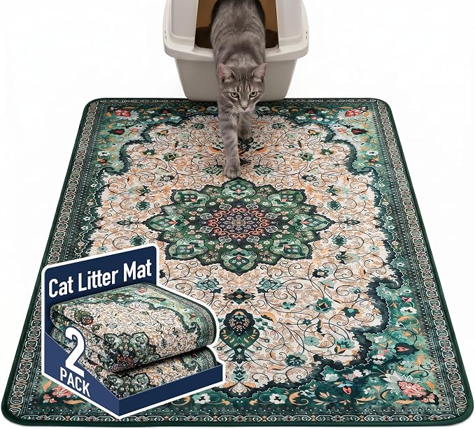 Hompet Cat Litter Mat 2 Pack, 48x60 Large Machine Washable Trapping Mats for Cats, Super Absorbent & Urine-Proof Cat Litter Box Mat for Floor, Waterproof & Non Slip Kitty Litter Rug by Hompet