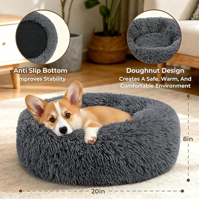 Calming Donut Dog and Cat Bed for Indoor Cats, Anti-Anxiety Round Fluffy Soft Washable Small Pet Bed for Puppy and Kitten, Warming Comfortable Luxury Anti-Slip Waterproof Mute Base 20in Dark Gray - Image 2