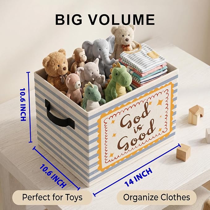 Christian Storage Bins Box, Sweet Faith Collapsible Organizer Basket | cheerful uplifting storage box basket for books clothes, light blue striped organizer for nursery bedroom playroom, 10x14 in - Image 3