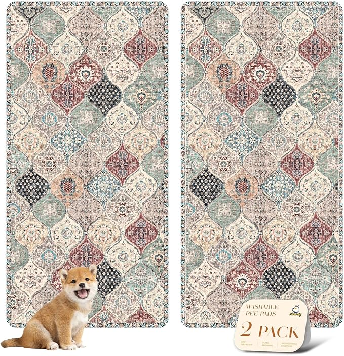 nunubaby Washable Pee Pads for Dogs, Stylish, Non-Slip and Leak-Proof Pee Pads. Reusable Potty Pads for Dogs for Crates and Floors.(Dark Red/Multi,36" x72" ) by Nunubaby
