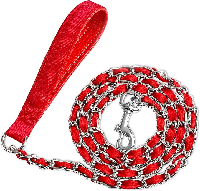 Metal Chain Dog Leash Chew Proof for Dogs, Red, 3.5mm, 4FT | Close Control for Training and Busy Areas, Chew Resistant Chain, Padded Handle, Swivel Clip by LUFFWELL