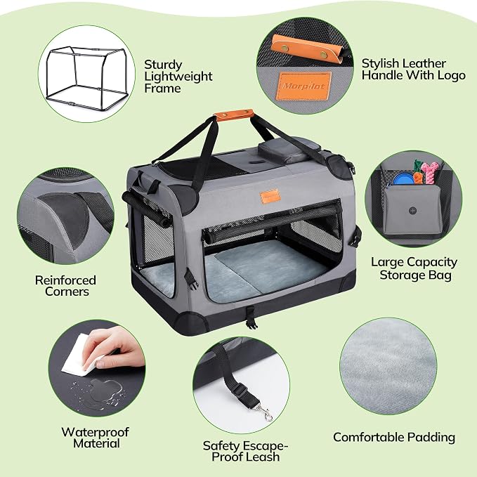 Morpilot 32-inch Portable Collapsible Dog Crate for Dogs up to 70lbs | Travel Dog Crate Soft-Sided for Medium Large Dogs, with Foldable Bowl, Shoulder Strap & Storage Pockets, Grey - Image 2