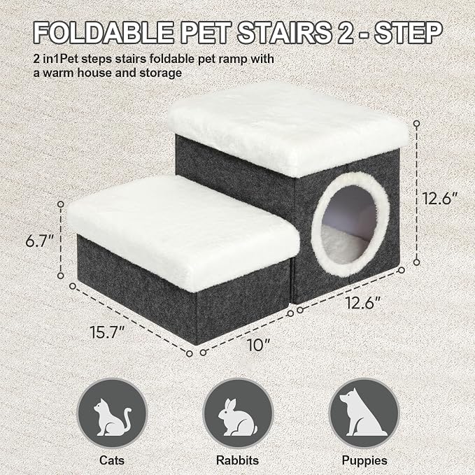 B FSOBEIIALEO Cat House Pet Stairs for Beds Sofa, Foldable Dog Steps 2-Tier With Storage Toy Box, Small Indoor Pet Steps Grey 15.7x12.6x12.6 Inches - Image 5