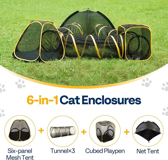 VIVOHOME 6-in-1 Outdoor Cat Enclosure with Playhouse, 2 Tents & 3 Tunnels | Portable Cat Playground with Leash and Mint Ball, Cat Tunnels with Tent Cube for Kitty Small Animals Camping Indoor Outdoor - Image 3
