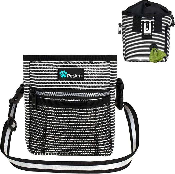 PetAmi Dog Treat Pouch, Pet Treat Pouch For Training, Dog Walking Bag Holder for Kibbles, Pet Food Toy, Dog Trainer Essentials Supplies, Poop Bag Dispenser, 3 Ways to Wear (Black Stripes) by PetAmi