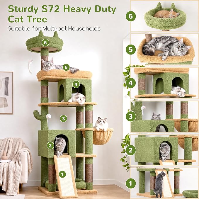 Globlazer Heavy Duty Cactus Cat Tree for Large Cats, Sturdy 72in Maine Coon Cat Tree for Large 20 lbs+ Cactus Cat Tower for Adult Biggest Cats with 6 Scratching Posts, Hammock, S72, Green - Image 6