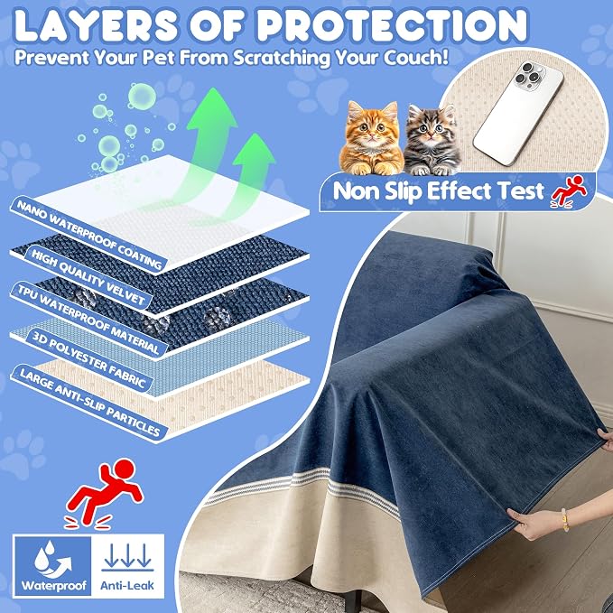 Loiion Cat Scratch Proof Furniture Protector Waterproof Sofa Cover 118"x91" | Pet-Friendly Couch Protector, Anti-Scratch & Anti-Slip Sofa Cover For Cats Dogs Kids, Machine Washable - Image 5