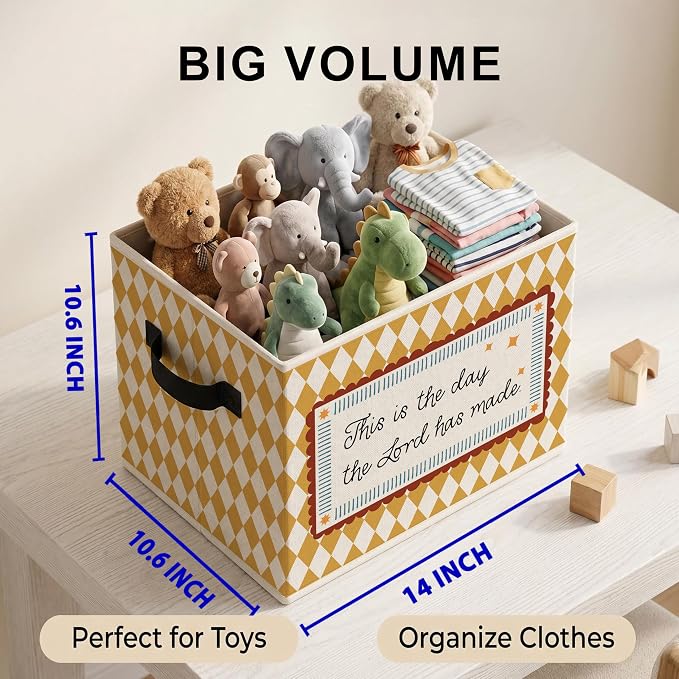 Christian Warm Storage Bins Box, Farmhouse Collapsible Organizer Basket | religious faith storage box basket for books clothes, cream gingham organizer for nursery bedroom playroom, 10x14 in - Image 3