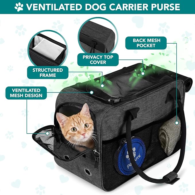 PetAmi Dog Purse Carrier for Small Dogs Cats, TSA Airline Approved Soft-Sided Pet Carrier with Pockets, Ventilated Travel Tote Bag with Bed & Shoulder Strap, Puppy Kitten, Max 12 lbs, Heather Charcoal - Image 4