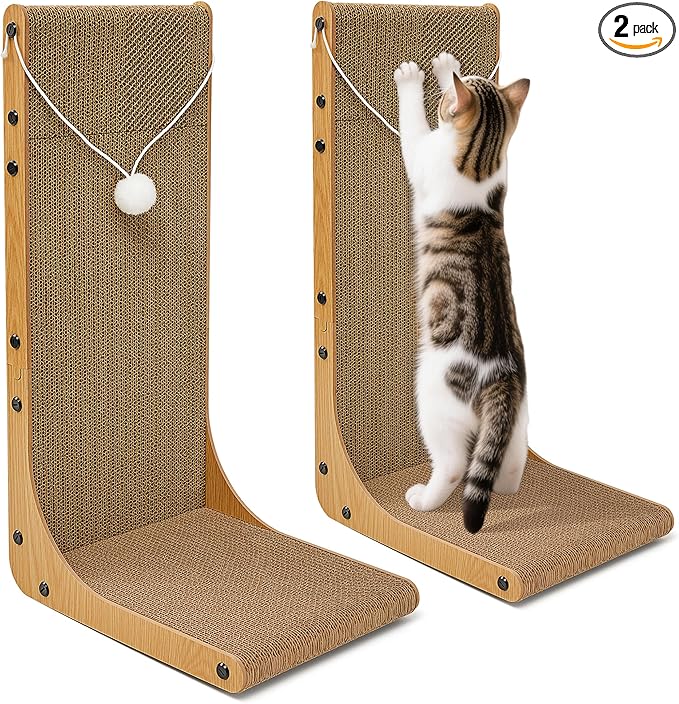 Value 2-Pack 23.6 Inch L-Shaped Cardboard Cat Scratcher, Dual Use (Vert/Horiz) Scratch Pad with Toy Balls, Wall-Mountable Furniture Protector Cat Scratchers for Indoor Cats by Unknown