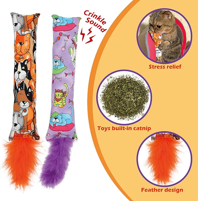 Jumpaws 2 Pack Natural Interactive Catnip Cat Kicker with Feathers, Bite Resistant Chew Toy, Crinkle Kicker, Accessories for Indoor Cat - Image 2